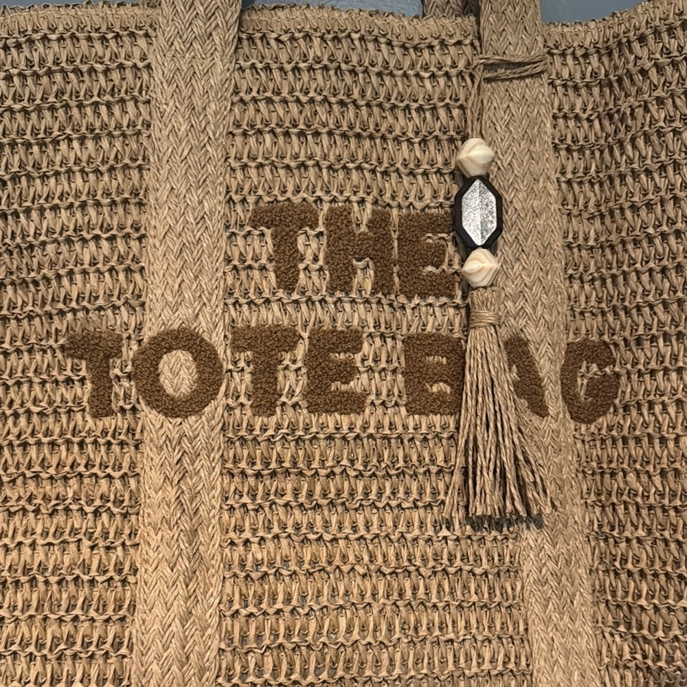 Tan Woven Tote Bag with Basket-Weave Texture - Picture 3 of 7